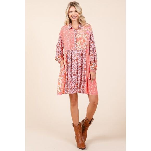 Mittoshop Floral Pattern Button Detail Long Sleeves Mini Shirt Dress | Coral - Picture 7 of 7